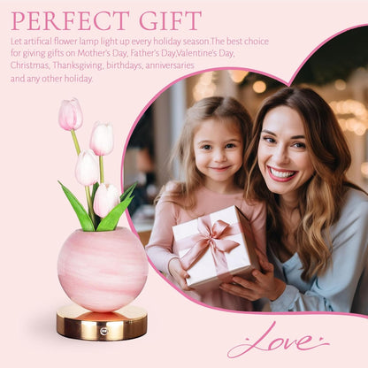 Tulip Table Lamp, Rechargeable Cordless Touch Dimming Artificial Tulip Flower Desk Lamp, LED Flower Bedside Night Light Romantic Gifts for Girl Women Mom (Pink)