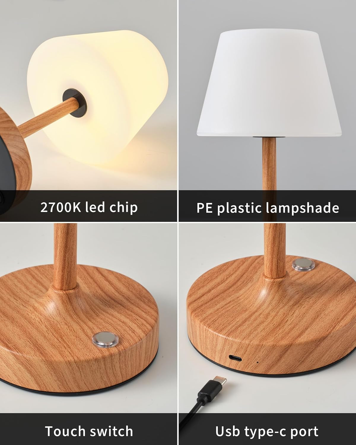 Cordless LED Wood-Grain Small Table Lamp, Waterproof Shower Light with 4000Mah Battery, Portable Rechargeable Touch Dimming Night Light for Bathroom, Outdoor Camping, Kitchen, Patio, Restaurant