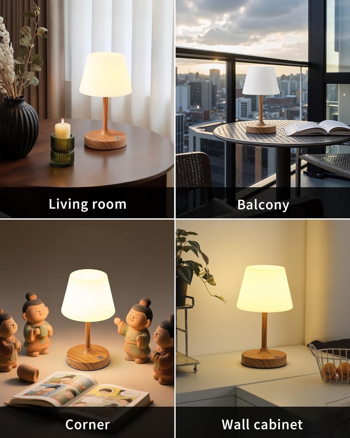 Cordless LED Wood-Grain Small Table Lamp, Waterproof Shower Light with 4000Mah Battery, Portable Rechargeable Touch Dimming Night Light for Bathroom, Outdoor Camping, Kitchen, Patio, Restaurant