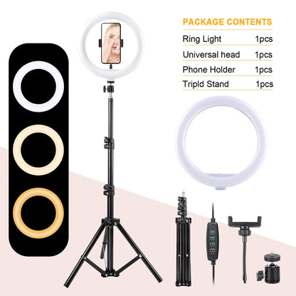 12 Inch Dimmable LED Ring Light with 110Cm Tripod and Flexible Cell Phone Stand, USB Powered (3 Lighting Modes), for Selfies