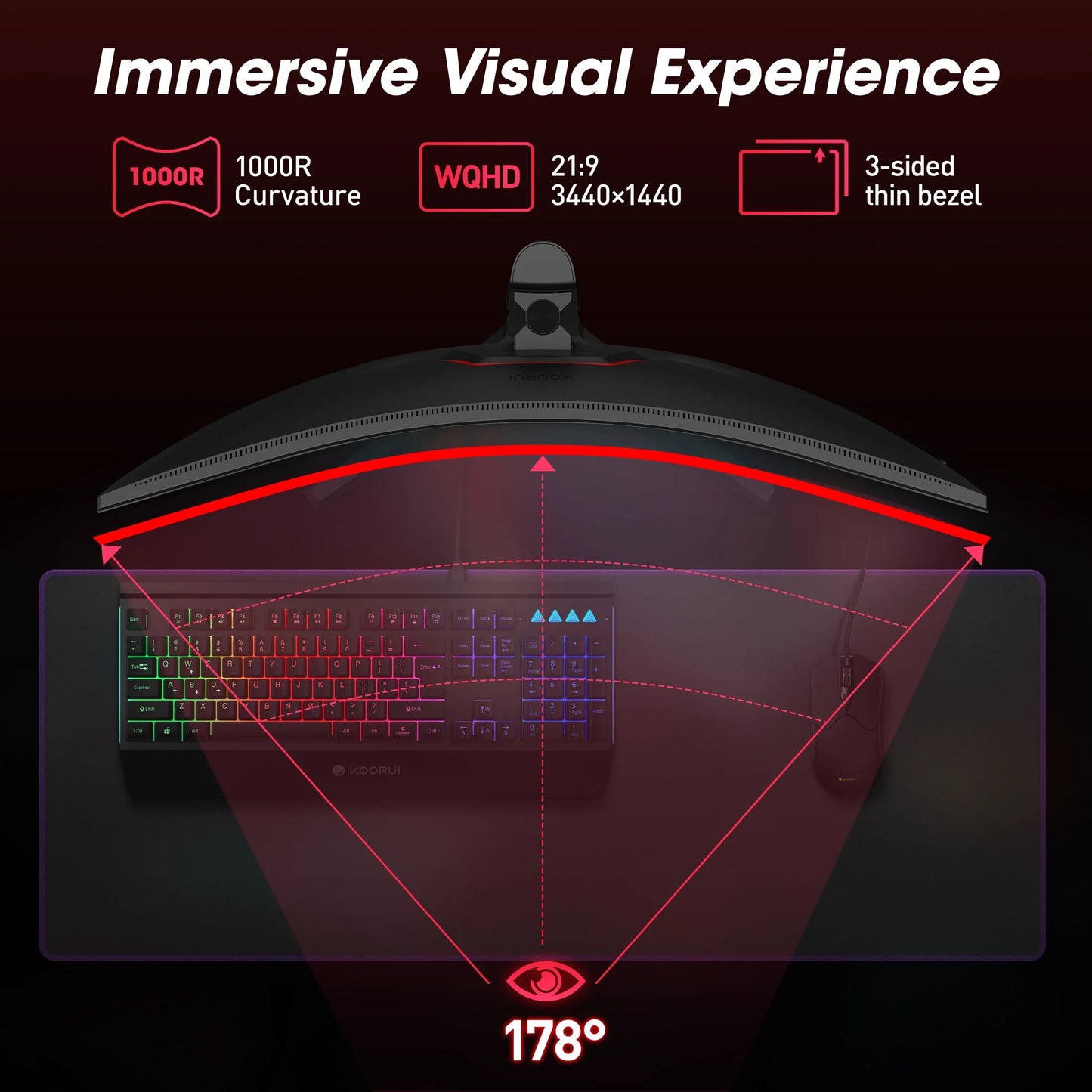 34'' WQHD Curved Gaming Monitor, 180Hz Ultrawide Monitor, 3440×1440P 1Ms(Mprt) HDR400, Black