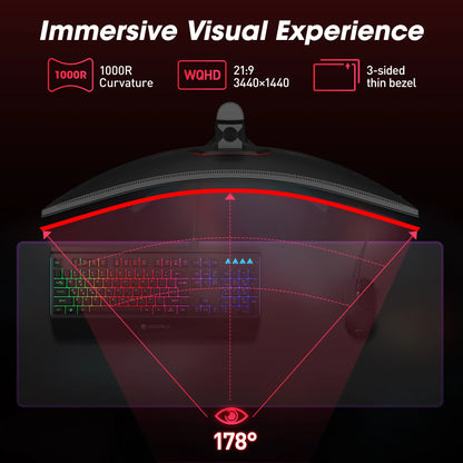 34'' WQHD Curved Gaming Monitor, 180Hz Ultrawide Monitor, 3440×1440P 1Ms(Mprt) HDR400, Black