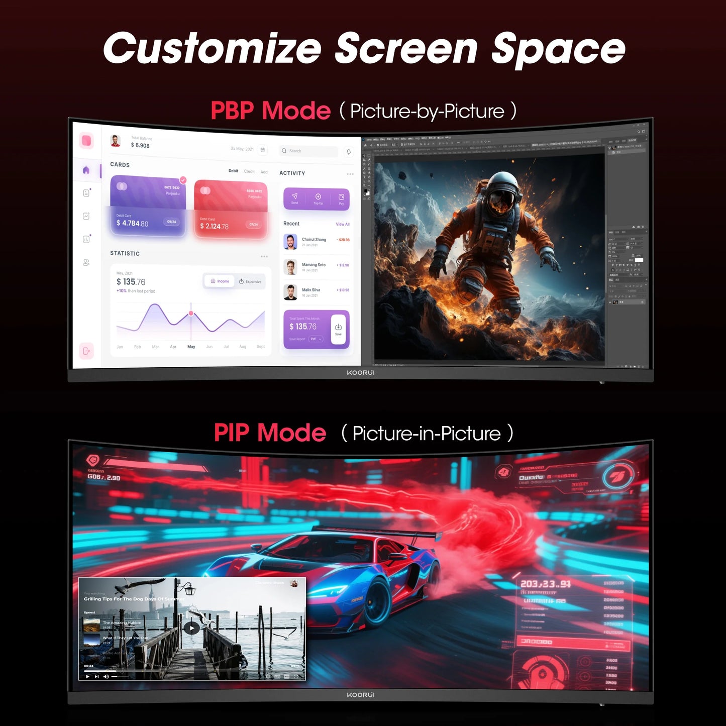 34'' WQHD Curved Gaming Monitor, 180Hz Ultrawide Monitor, 3440×1440P 1Ms(Mprt) HDR400, Black
